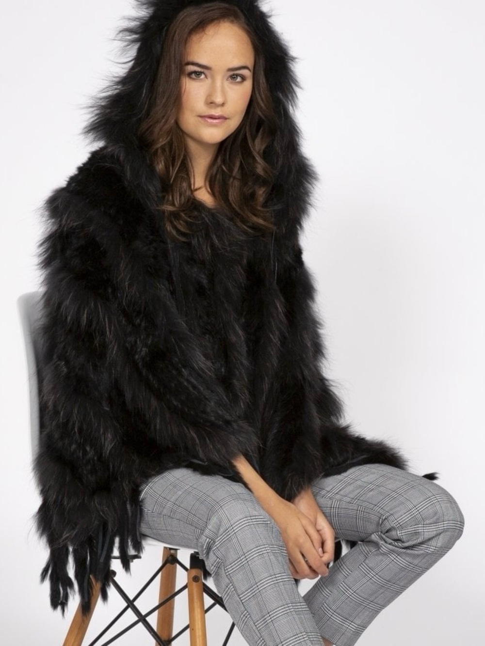 JAYLEY Black & Gray Fox and Rabbit Hooded Poncho Shawl Womens OS Luxurious